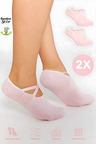bamboo star Bambu Kadın Pembe Kaydırmaz Taban Silikon Baskı Pilates Yoga Fitness Dans Aktivite Babet Çorabı 2’Li