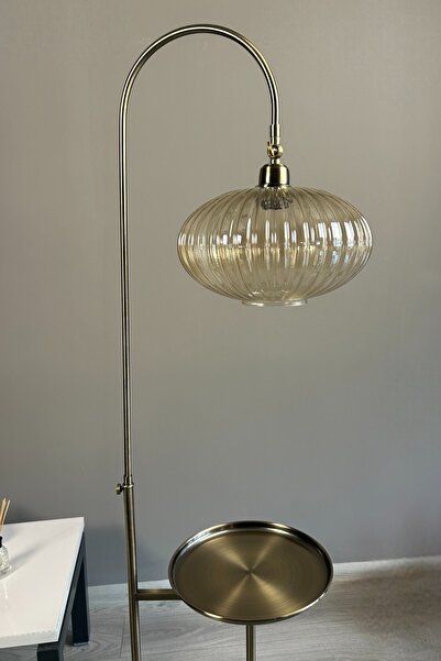 Bamyum Elegant Bal Cam Eskitme Tepsili Düz Gövde Lambader Hareketli Başlık Metal Oturma Odası Zemin Lambası