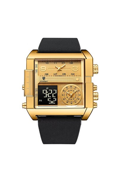 POEDAGAR Ανδρικό ψηφιακό & αναλογικό ρολόι CS1767, φυσικό δέρμα, μαύρο, χρυσό...