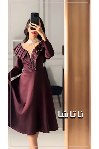 NATASHA Fashion فستان ناتاشا سهرة عنابي فاخر مع لمسات لؤلؤ أنثوية.