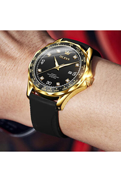 OLEVS Ανδρικό ρολόι CS1623, λουράκι σιλικόνης, μαύρο-χρυσό, μαύρο καντράν
