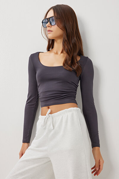 Lovelyİstanbul Bluză Crop din material subțire cu șnur LUB0267 ANTRACIT