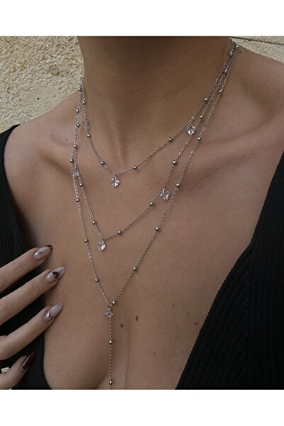 pop up store Zircon Stone Triple Chain Stainless Steel Necklace