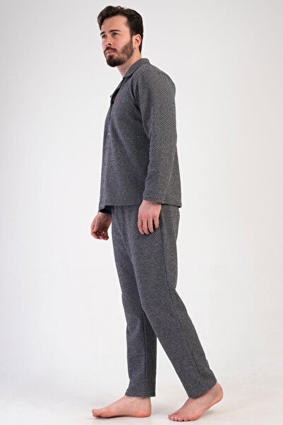 VİENETTA Men's Black Color Front Buttoned Long Sleeve Shirt Collar Jacquard Pajama Set C8T0N0105
