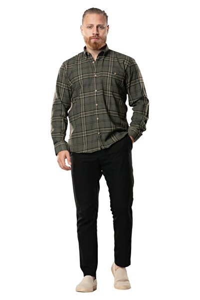 Eliş Şile Bezi Uzun Kol Oduncu Erkek Pazen Sonbahar ve Kışlık Gömlek Haki Ekose 4044