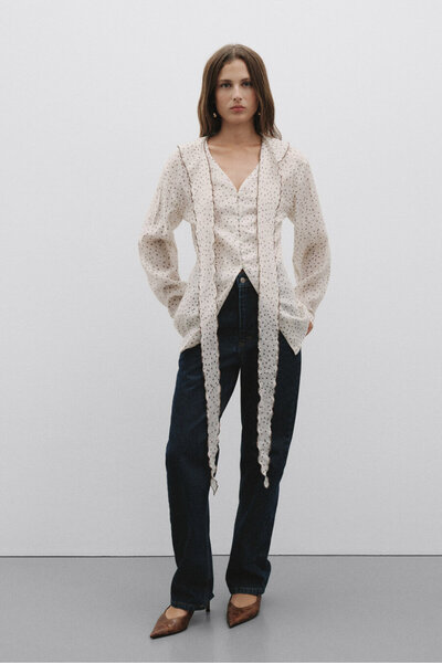 Pilea Polka Dot Shawl Collar Detailed Shirt