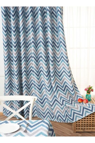 Arabest 1-Piece Corrugated Printed Craft Blackout Curtain Grey/Blue 140 x 240centimeter