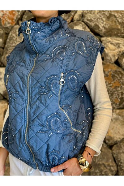 Punta Otantik Nc61582 Sequined Turtleneck Italian Quilted Vest Blue