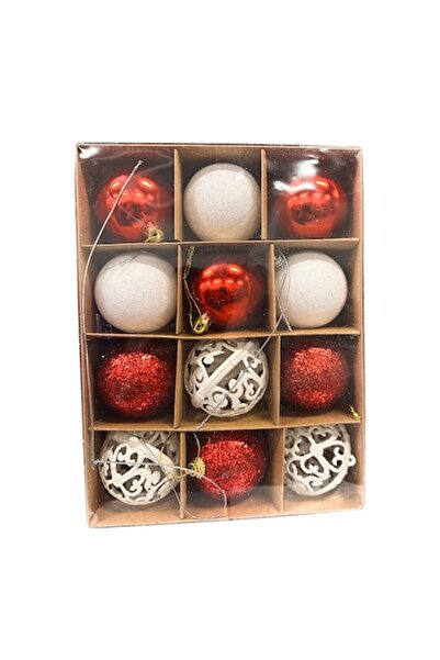 Clini Set of 12 red and white Christmas tree baubles, 4x-0815, 6 cm