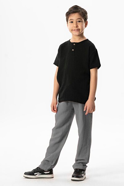 Eliş Şile Bezi Elastic Waist Muslin Pocket Summer Children's Pants Gray Gray