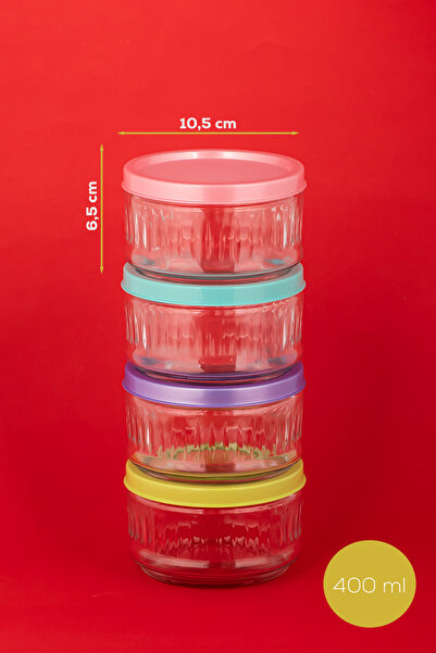Porsima Lapis 4lü Hava Geçirmez Cam Kahvaltılık Seti Renkli Kapaklı Saklama Kabı 400ml