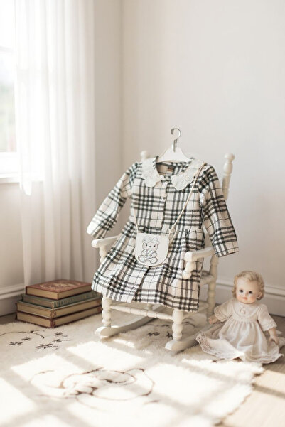 Ercahome tekstil Kız çocuk yeşil ekose desenli brode yakalı elbise