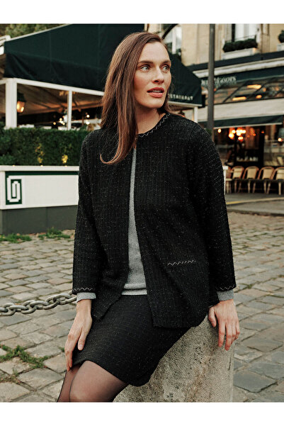 LC Waikiki Siyah Bisiklet Yaka Ekose Kadın Tüvit Ceket