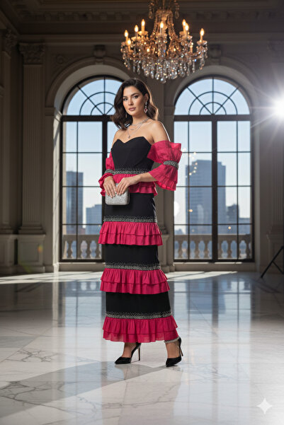 Robes Uzun Abiye Elbise / Straplez Omuz Dekolteli Kat Kat Fırfırlı / Balo Nişan Düğün Davet -7081