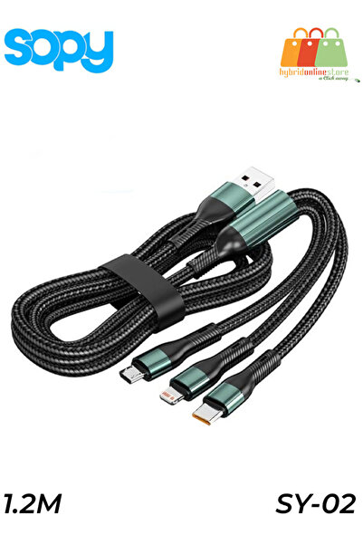 sopy SY-02 3-in-1 USB to Type-C, Micro & Lightning 6A Super Fast 1.2M Nylon Braided Cable