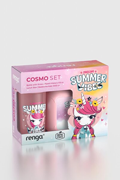 Renga Cosmo Patterned Pp Children's Lunch Box and Water Bottle Set 192017 Pink