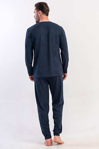 VİENETTA Men's Navy Blue Long Sleeve Crew Neck Combed Cotton Pajama Set C7T5N0405