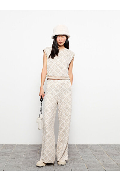 LC Waikiki Ecru Comfortable Fit Patterned Women's Trousers