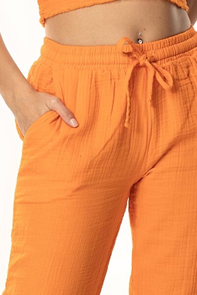 Eliş Şile Bezi Muslin Waist Tie Double Pocket Women's Summer Trousers Orange Trnc