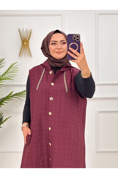 Valens Butik Hooded and Button Detailed Jacquard Quilted Fabric Esin Tesettür Vest
