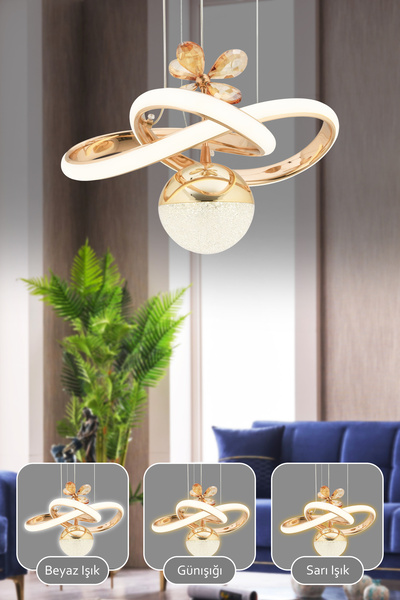 Dekorluna Bella Kumandalı 3 Renk Işık Özellikli Dimmerli Gold Kaplama Sarkıt Led Avize Salon Mutfak Avize