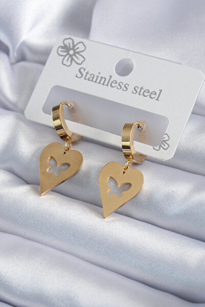 Skygo 316L Steel Gold Color Heart Model Butterfly Embroidered Women's Earrings - TJ-BKP7984