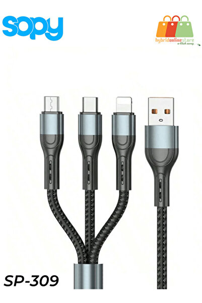 sopy SP-309 3-in-1 Fast Charging Data Cable (Micro, Lightning, Type-C) – 1200mm, 3A Output