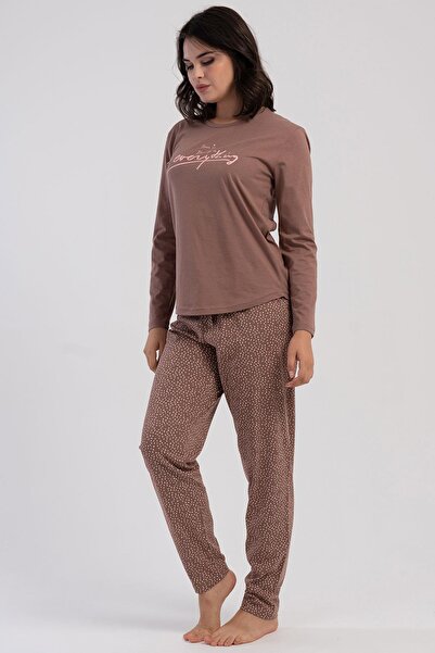 VİENETTA Women's Plus Size Brown Long Sleeve Polka Dot Bottom Pajama Set C7T5N3305