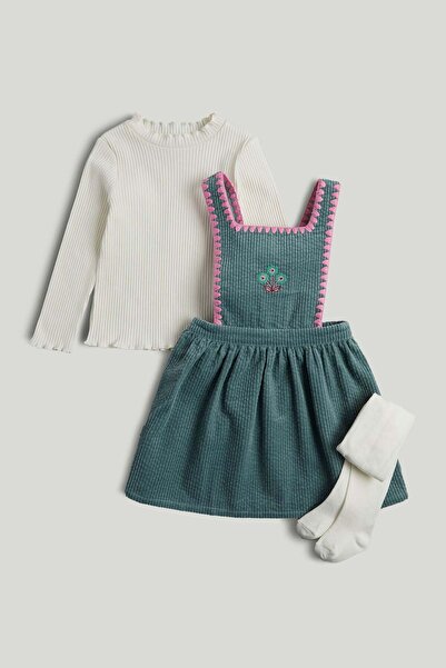 MOTHERCARE فستان بيني أخضر من الحبل، تي شيرت وجوارب طويلة