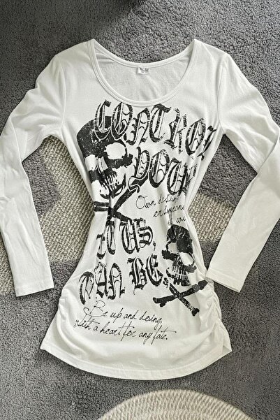 Karakedi Λευκό γοτθικό μπλουζάκι με φαρδύ γιακά Y2K με μακρύ μανίκι