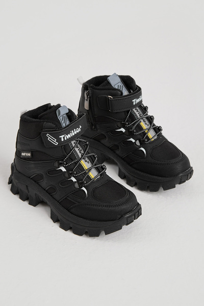 Tonny Black Children's Unisex Black Thick Rubber Sole Rubber Laced Velcro Outdoor Trekking Boots