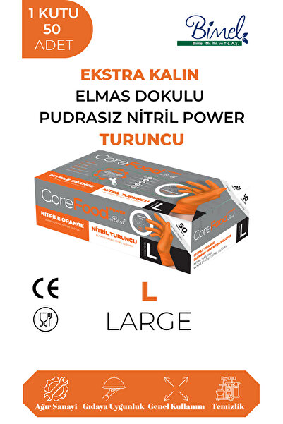 COREFOOD Nitril Turuncu Power Pudrasız Muayene Eldiveni L - 1 Paket 50 li