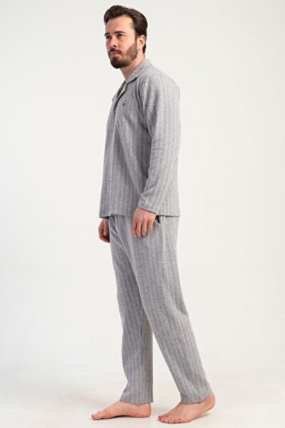VİENETTA Men's Grey Color Front Buttoned Long Sleeve Shirt Collar Jacquard Pajama Set C7T0N0105
