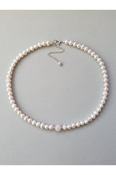 Abundo Necklace made of cultured pearls and rose quartz stone with 925 silver, 41 cm