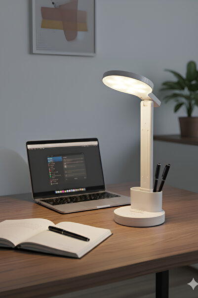 Badem10 Beyaz Dokunmatik 3 Renkli Kademesiz Karartmalı Type C Şarjlı Masa Lambası Kalemlikli 10W