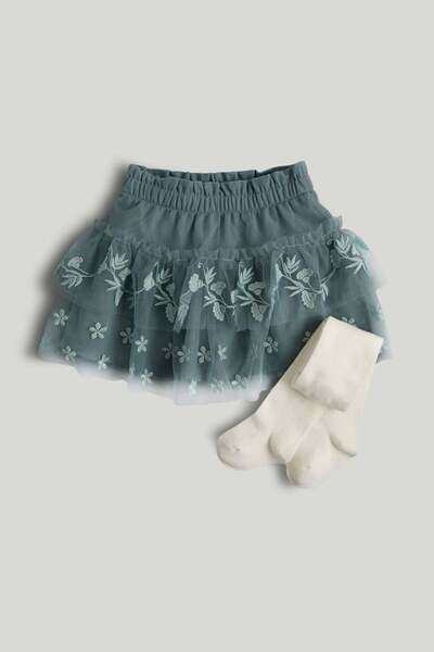 MOTHERCARE Green Embroidered Skirt and Tights Set