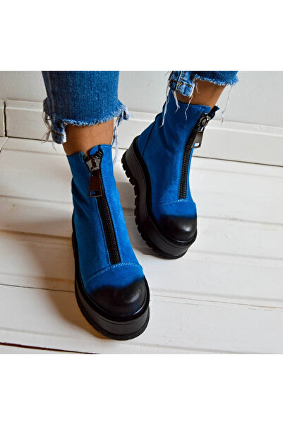 exclusives.ro Ghete dama - Blackpool - Electric Blue - fermoar oversized - talpa inalta - piele naturala velur