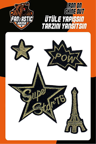 FANTASTIC ARMA Set de 4 broderii termoaplicabile – Superstar, Pow, Turnul Eiffel |   Etichetă de material textil |   Patch