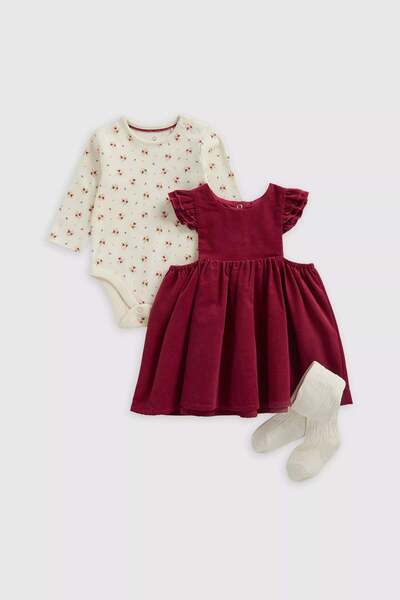 MOTHERCARE Berry Cord Pinny Dress, Bodysuit and Tights Set