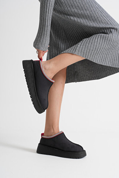 TRENDELLA Γυναικείες μαύρες χειμερινές γούνινες παντόφλες Elsa