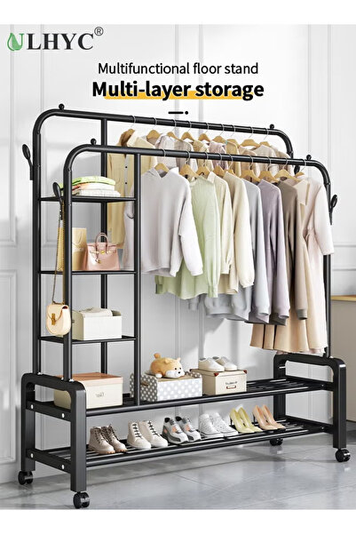 ULHYC منظم شماعات ملابس معدني، رف ملابس ورفوف جانبية، أسود مع عجلات