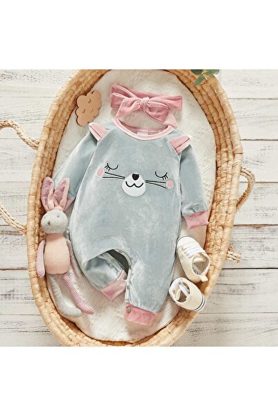 bluish Velvet romper and headband for baby