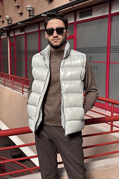 inpool Erkek, dik yaka, metal fermuarlı, cep detaylı, parlak kumaş, Yelek 2486