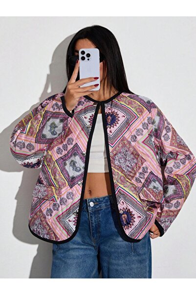 Purpleclo Kadın Etnik Desen Oversize Bomber Ceket