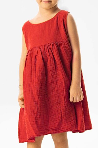Eliş Şile Bezi Sleeveless Bilge Yazlık Muslin Children's Dress Red Krmz