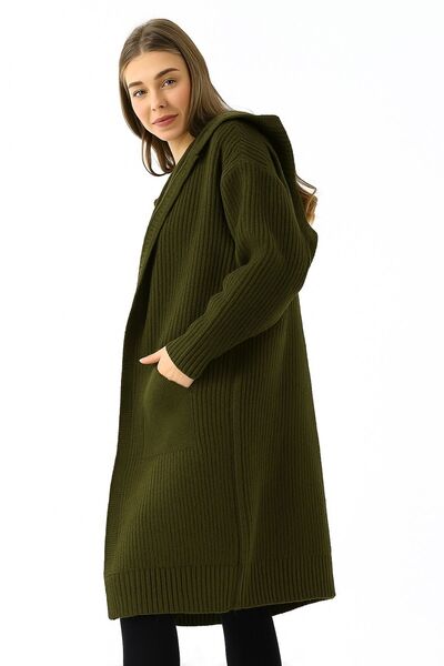 Devinka Women's Khaki Hooded Oversized Casual Long Pocket Knitwear Cardigan Dvka-0699