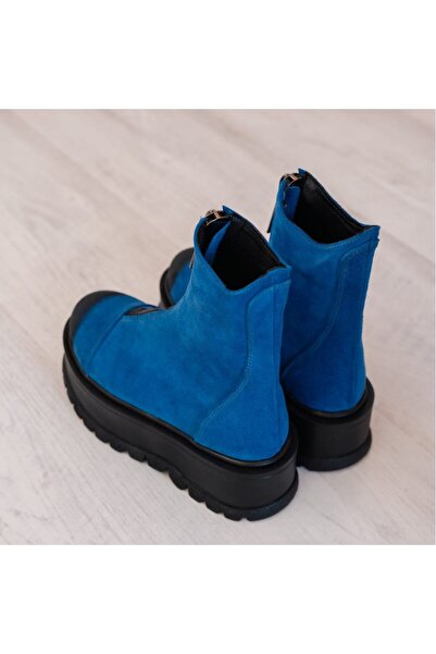 exclusives.ro Ghete dama - Blackpool - Electric Blue - fermoar oversized - talpa inalta - piele naturala velur