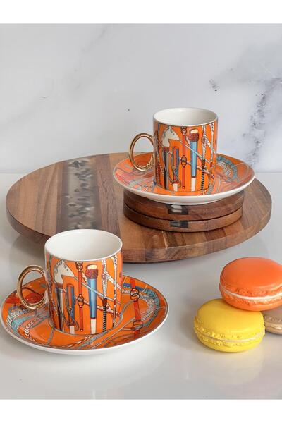 ROSSEV Turkish Coffee Cup Assortment Orange 2 Person Set 4 Pieces