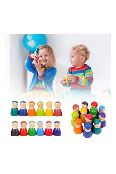 Arabest Preschool 12 Peg Wooden Figures Pretend Play Educational Stacking Toys