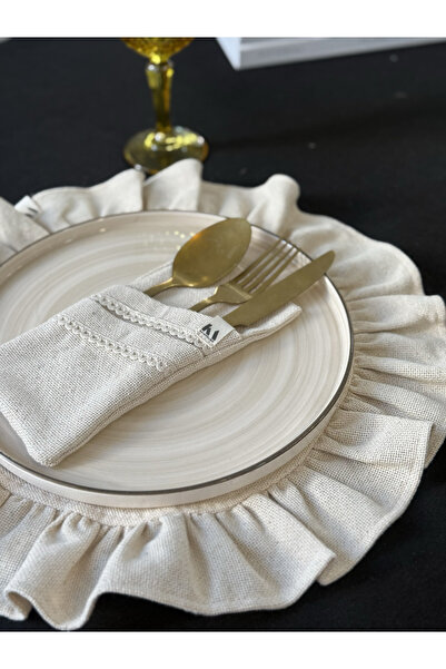 KaiAtelier 2Li Natural Keten Dantel Detaylı 2Bölmeli Kaşıklık / Peçetelik